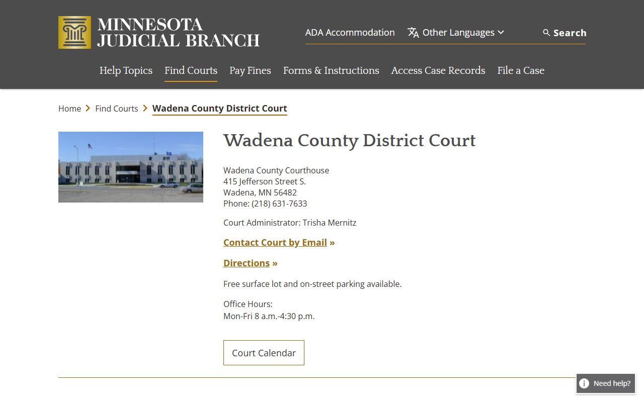 Wadena County District Court page for court records after a jail arrest