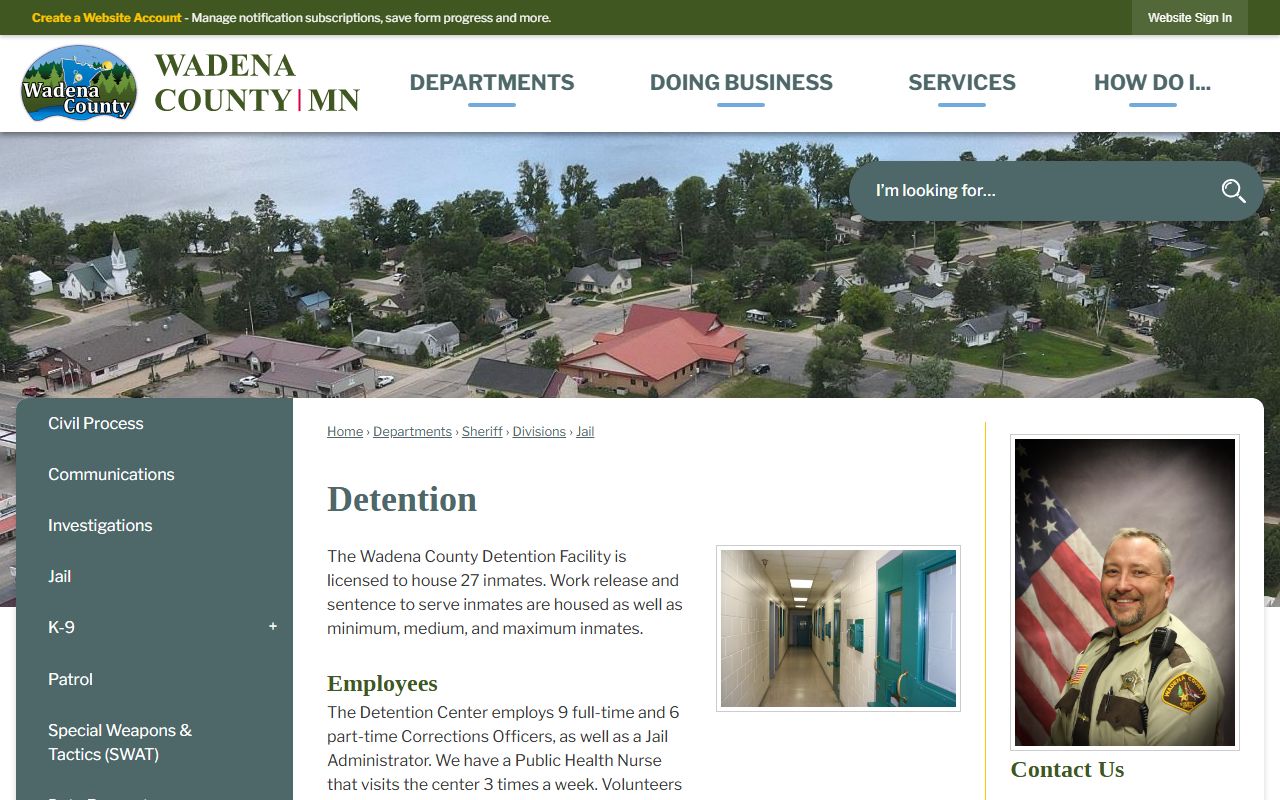 Wadena County Detention Facility jail page with inmate roster and visitation details
