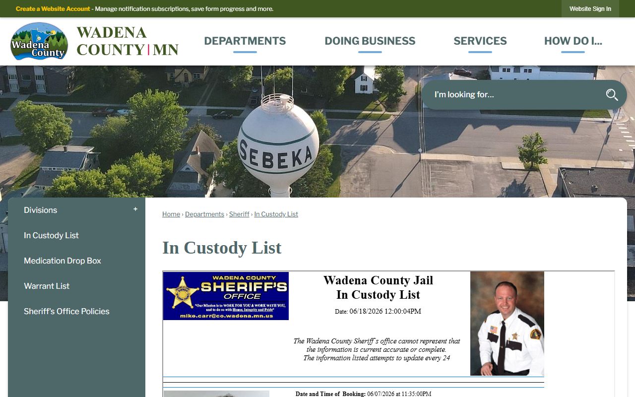 Wadena County Detention Facility in-custody list landing page
