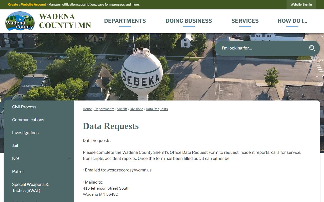 Wadena County inmate records data request instructions